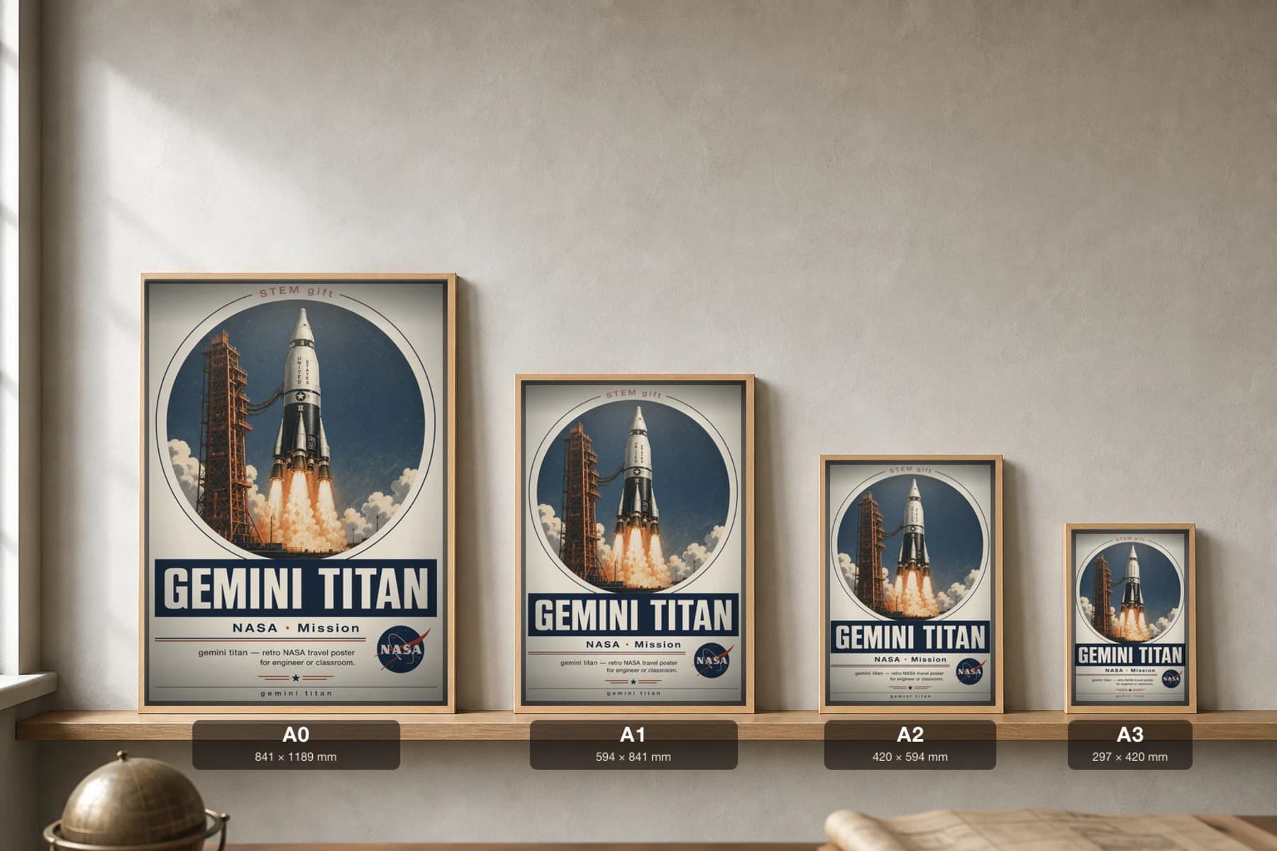 GEMINI TITAN Poster — 1970 GEMINI TITAN spacecraft NASA Missions Commemorative Sheet — print size guide showing the artwork at A0, A1, A2 and A3 in natural-oak frames at true relative scale