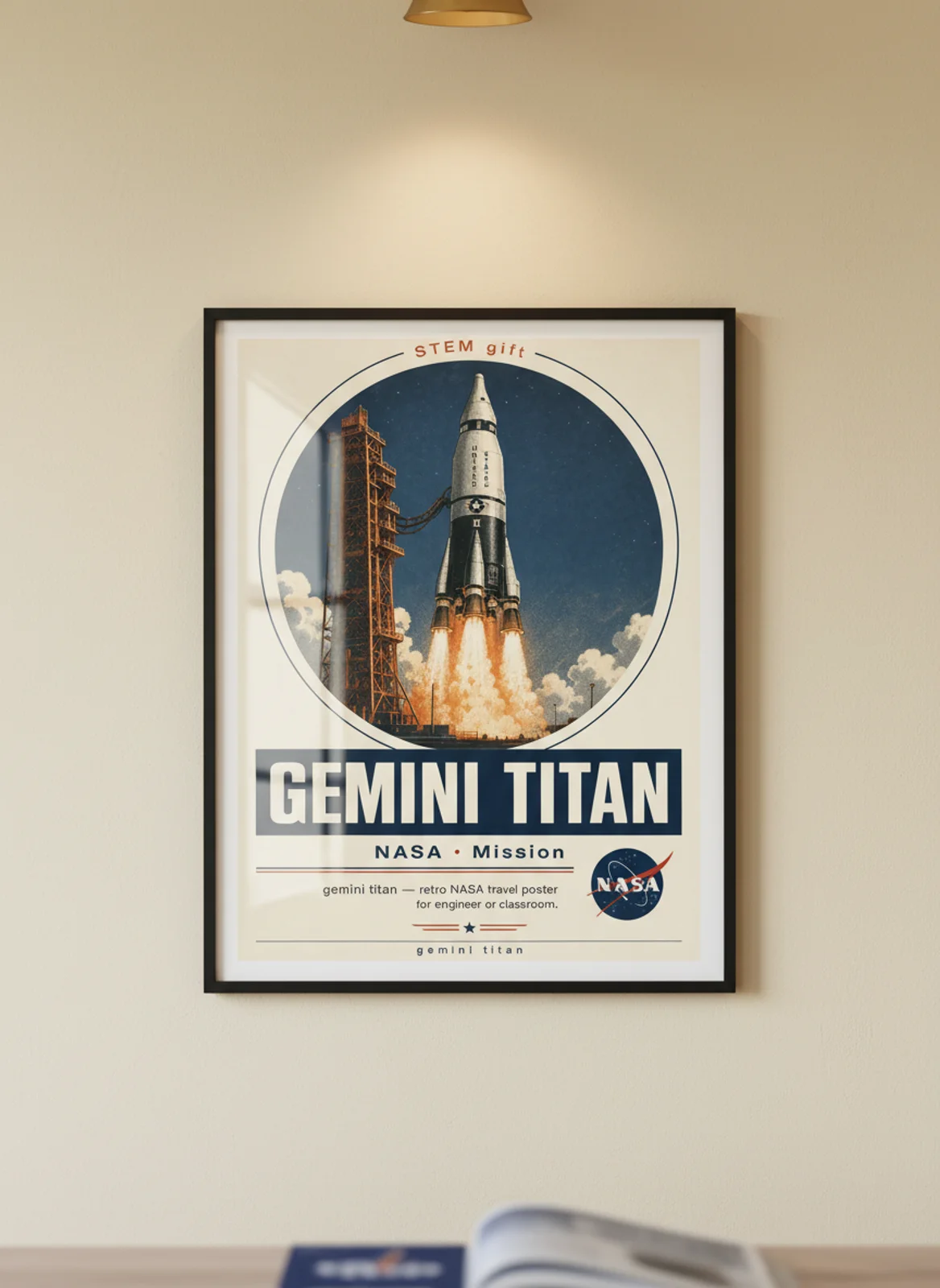 GEMINI TITAN — NASA Missions poster in black A2 frame on warm-cream-paper wall matching print paper — NASA Missions study mockup