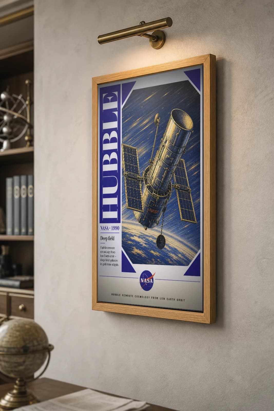 HUBBLE Poster — 1990 HST NASA Missions Commemorative Sheet — the framed print shown at a three-quarter angle on a styled gallery wall in a natural-oak frame