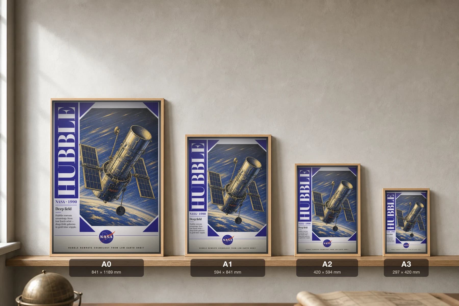 HUBBLE Poster — 1990 HST NASA Missions Commemorative Sheet — print size guide showing the artwork at A0, A1, A2 and A3 in natural-oak frames at true relative scale
