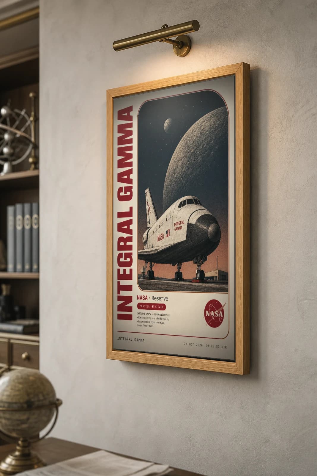 INTEGRAL GAMMA Poster — 2000 Space observatory NASA Missions Commemorative Sheet — the framed print shown at a three-quarter angle on a styled gallery wall in a natural-oak frame