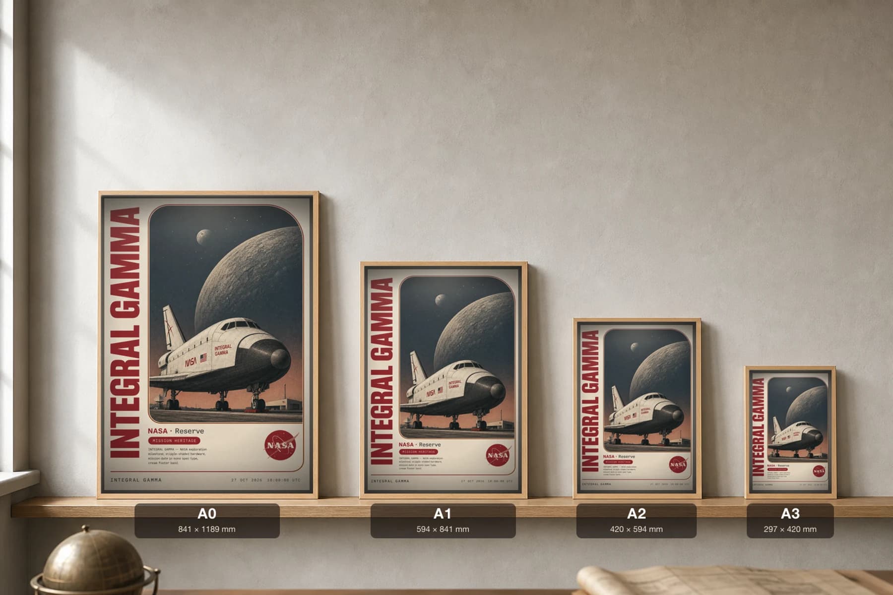 INTEGRAL GAMMA Poster — 2000 Space observatory NASA Missions Commemorative Sheet — print size guide showing the artwork at A0, A1, A2 and A3 in natural-oak frames at true relative scale