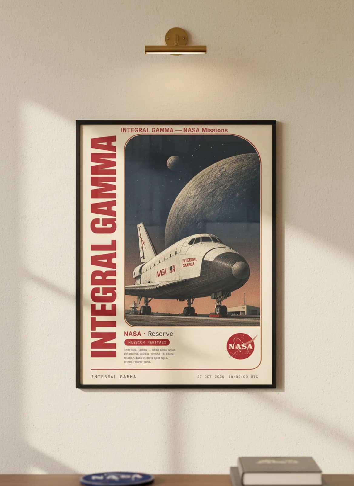 INTEGRAL GAMMA — NASA Missions poster in black A2 frame on warm-cream-paper wall matching print paper — NASA Missions study mockup