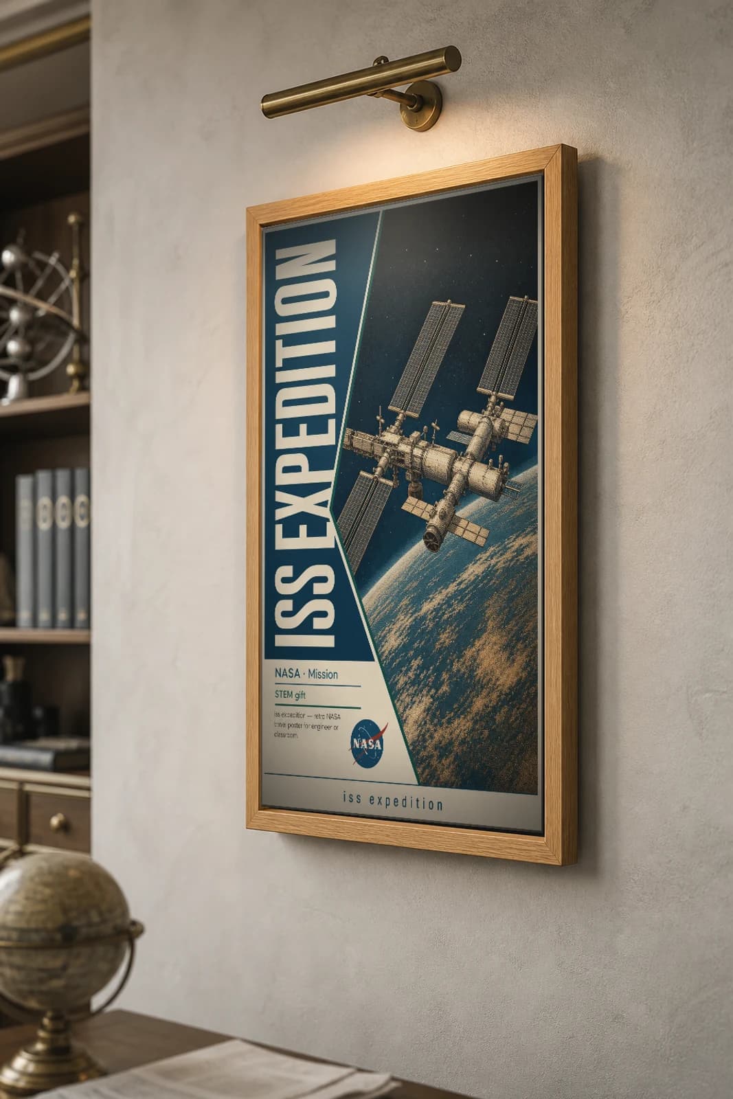 ISS EXPEDITION Poster — 1970 ISS EXPEDITION spacecraft NASA Missions Commemorative Sheet — the framed print shown at a three-quarter angle on a styled gallery wall in a natural-oak frame