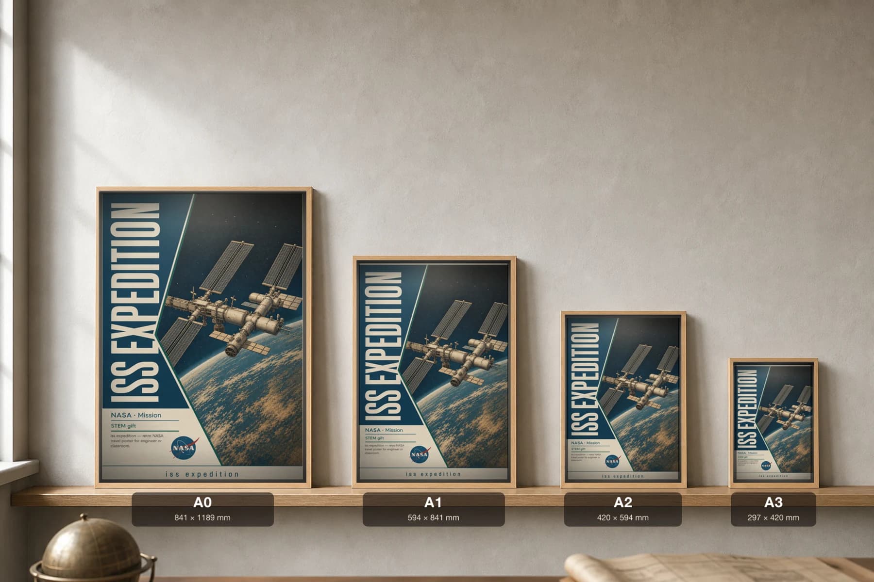 ISS EXPEDITION Poster — 1970 ISS EXPEDITION spacecraft NASA Missions Commemorative Sheet — print size guide showing the artwork at A0, A1, A2 and A3 in natural-oak frames at true relative scale