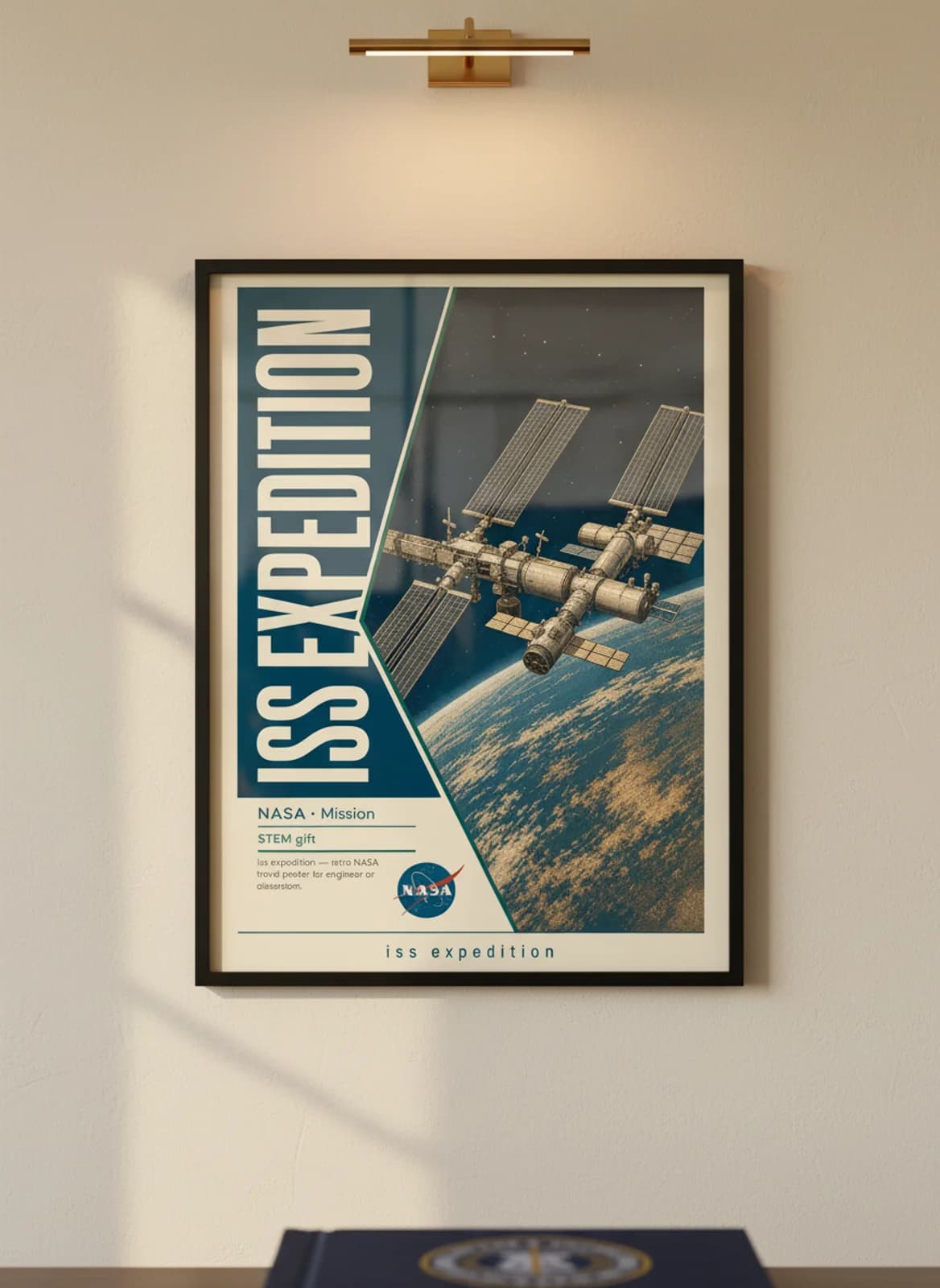 ISS EXPEDITION — NASA Missions poster in black A2 frame on warm-cream-paper wall matching print paper — NASA Missions study mockup