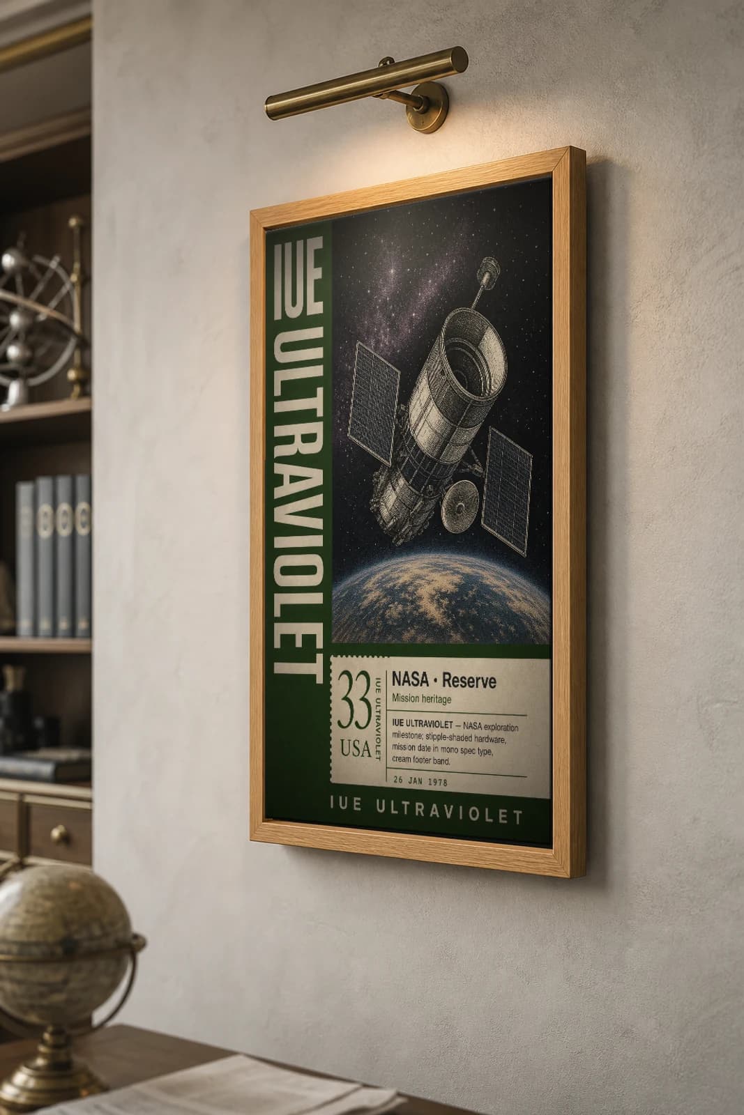 IUE ULTRAVIOLET Poster — 2000 Space observatory NASA Missions Commemorative Sheet — the framed print shown at a three-quarter angle on a styled gallery wall in a natural-oak frame