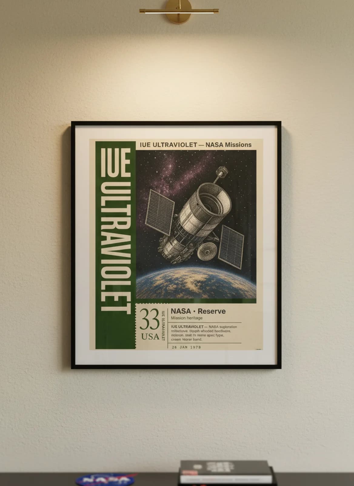 IUE ULTRAVIOLET — NASA Missions poster in black A2 frame on warm-cream-paper wall matching print paper — NASA Missions study mockup
