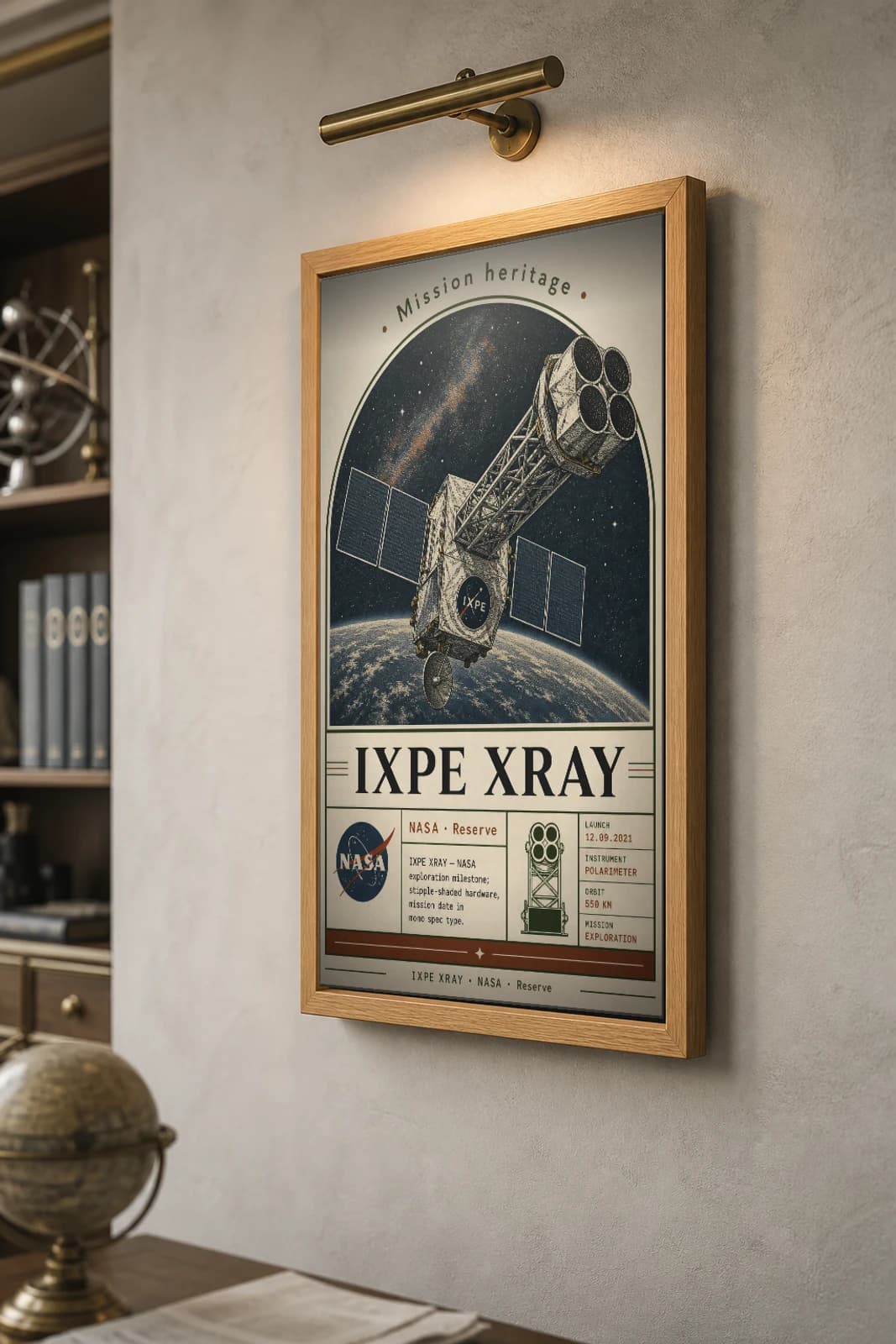 IXPE XRAY Poster — 2000 Space observatory NASA Missions Commemorative Sheet — the framed print shown at a three-quarter angle on a styled gallery wall in a natural-oak frame