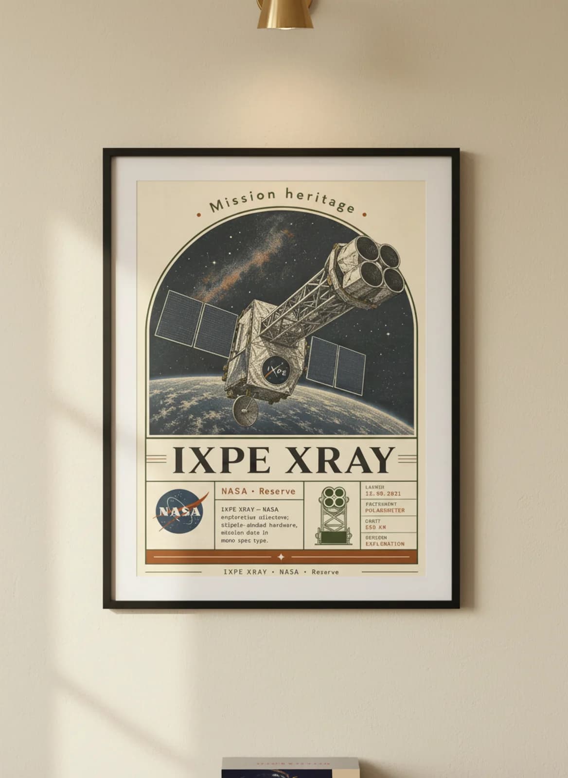 IXPE XRAY — NASA Missions poster in black A2 frame on warm-cream-paper wall matching print paper — NASA Missions study mockup