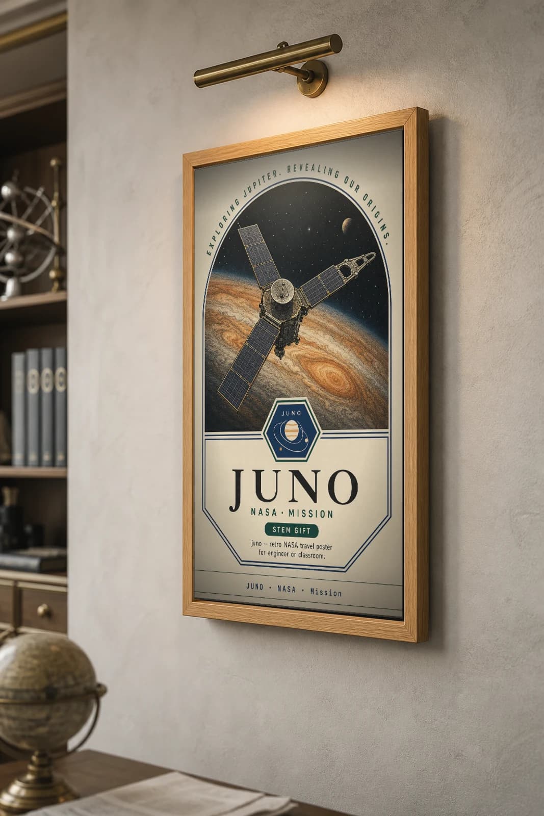 JUNO Poster — 2011 Juno spacecraft NASA Missions Commemorative Sheet — the framed print shown at a three-quarter angle on a styled gallery wall in a natural-oak frame