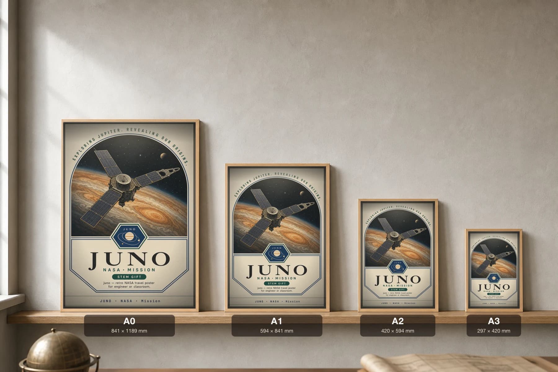 JUNO Poster — 2011 Juno spacecraft NASA Missions Commemorative Sheet — print size guide showing the artwork at A0, A1, A2 and A3 in natural-oak frames at true relative scale