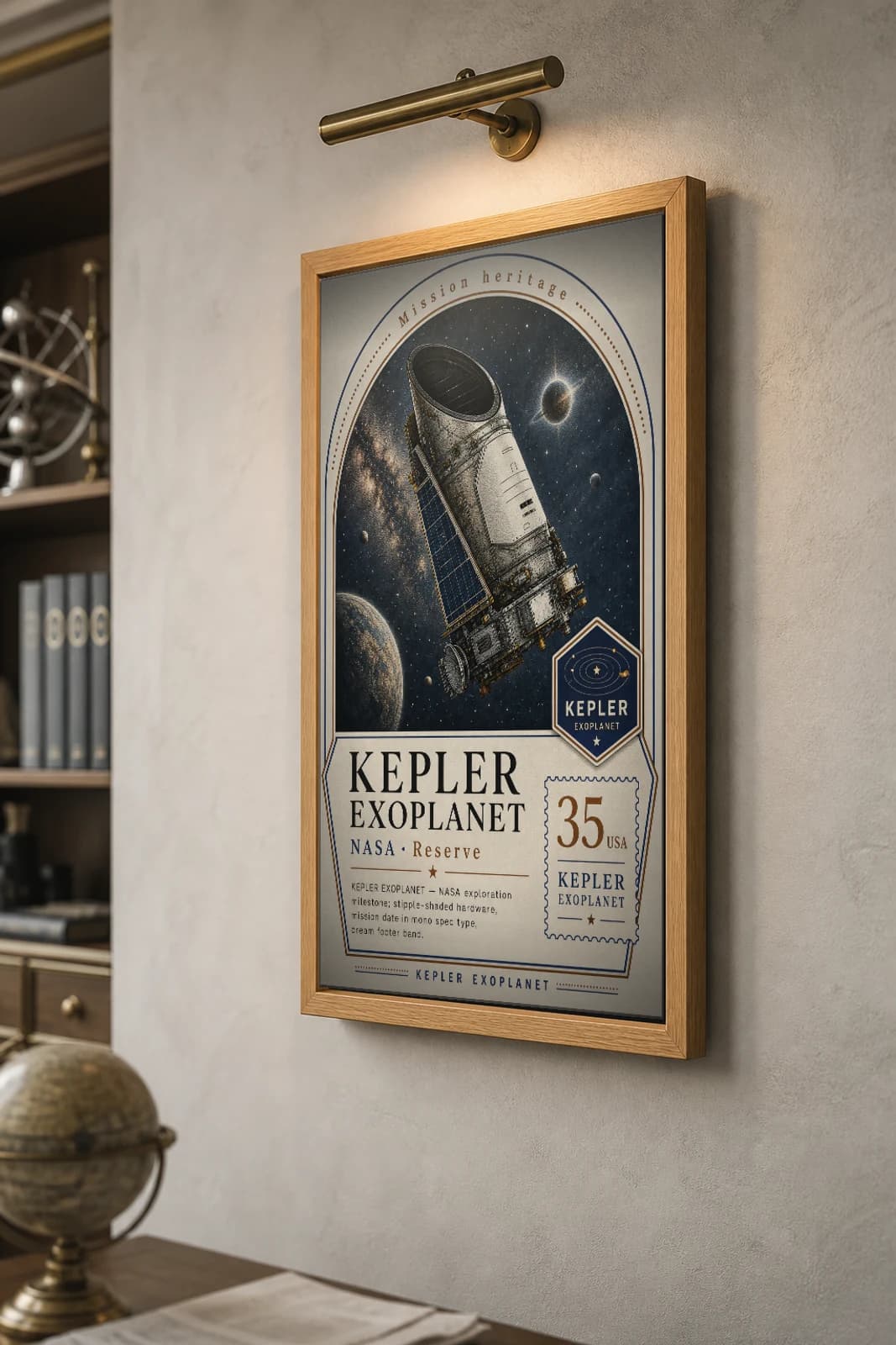 KEPLER EXOPLANET Poster — 2000 Space observatory NASA Missions Commemorative Sheet — the framed print shown at a three-quarter angle on a styled gallery wall in a natural-oak frame