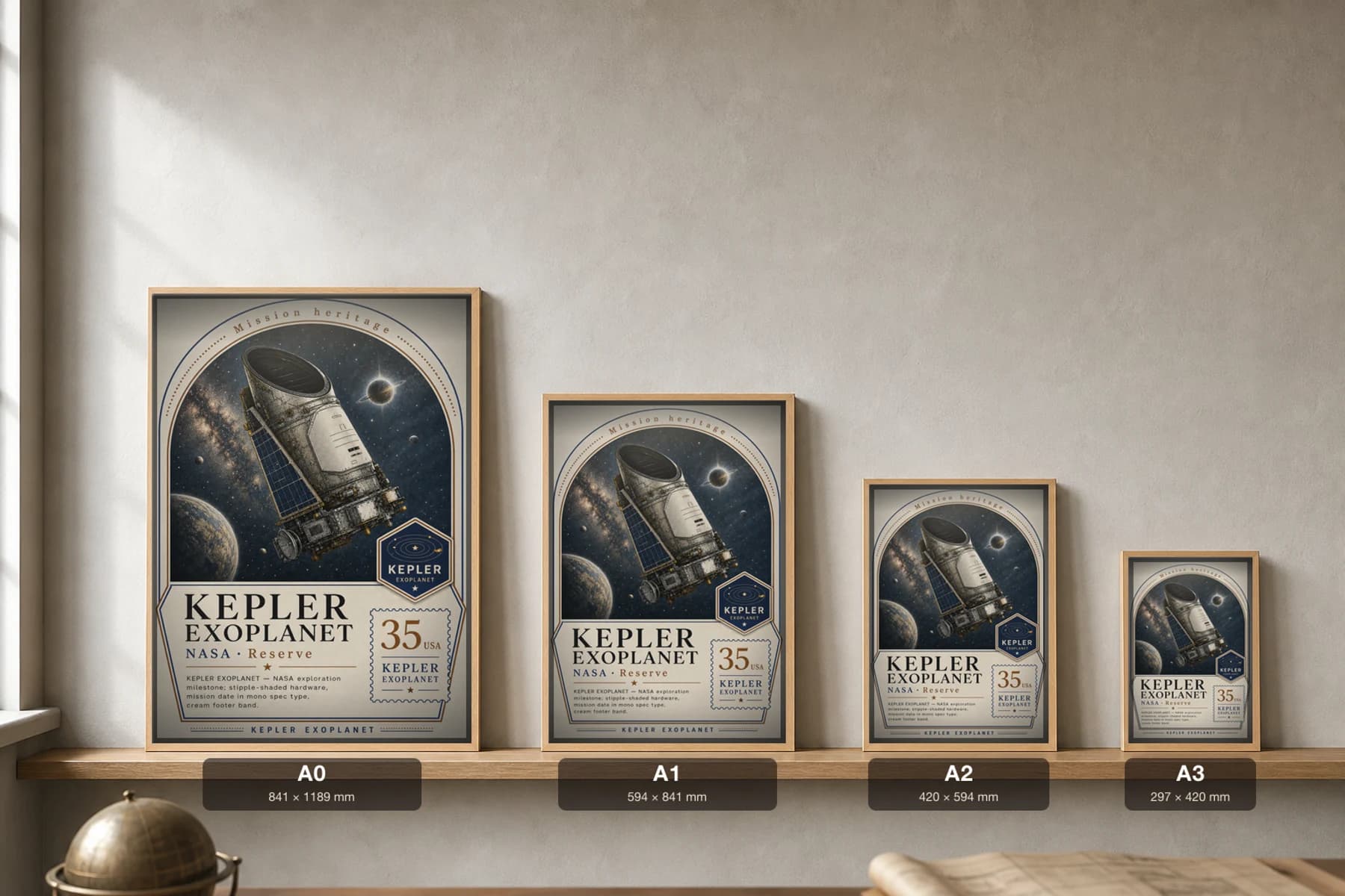 KEPLER EXOPLANET Poster — 2000 Space observatory NASA Missions Commemorative Sheet — print size guide showing the artwork at A0, A1, A2 and A3 in natural-oak frames at true relative scale