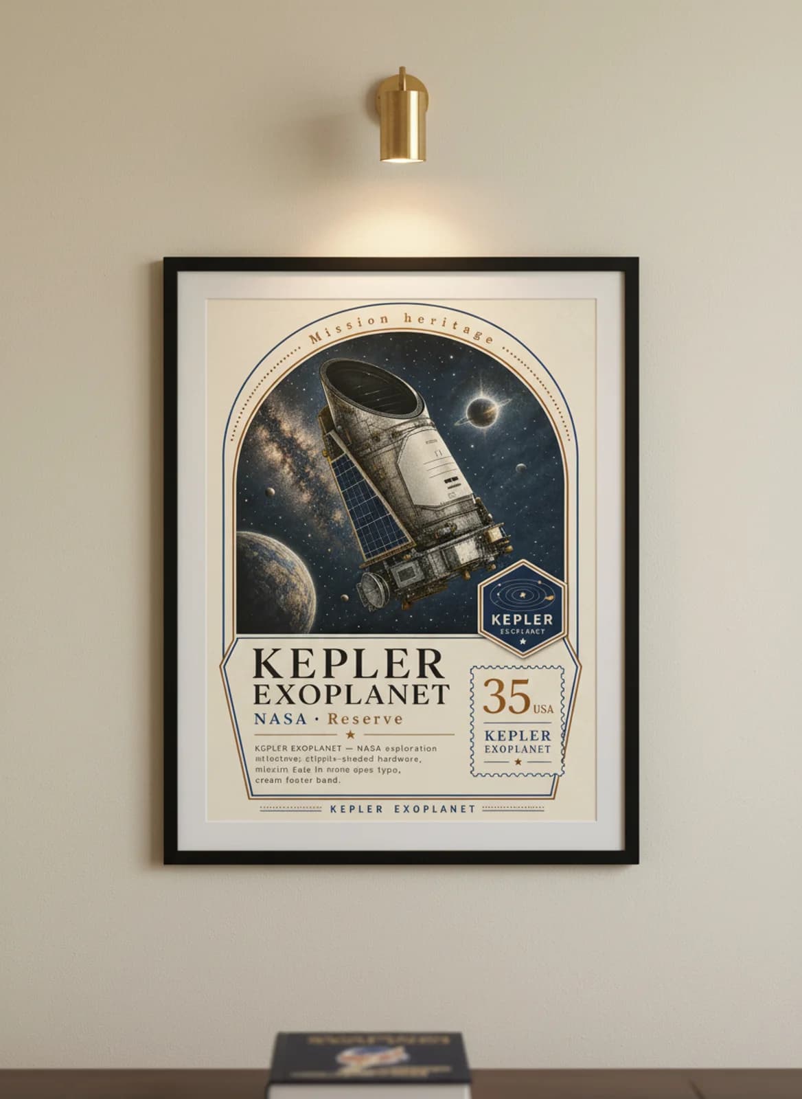 KEPLER EXOPLANET — NASA Missions poster in black A2 frame on warm-cream-paper wall matching print paper — NASA Missions study mockup