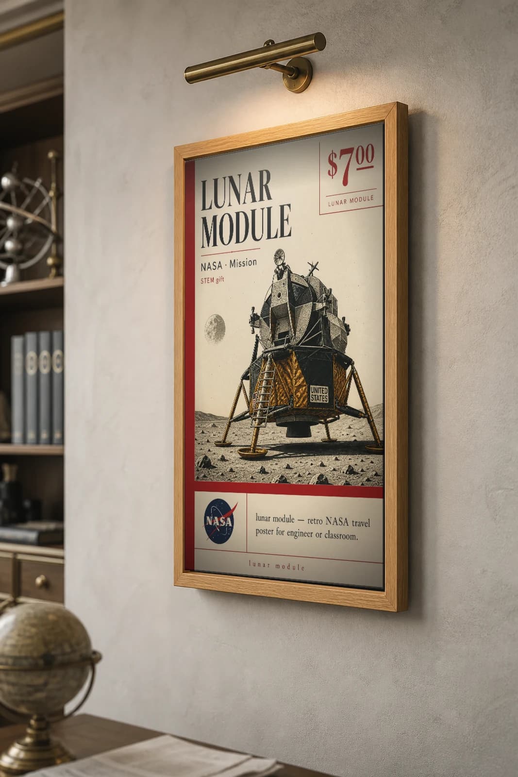 LUNAR MODULE Poster — 1970 LUNAR MODULE spacecraft NASA Missions Commemorative Sheet — the framed print shown at a three-quarter angle on a styled gallery wall in a natural-oak frame