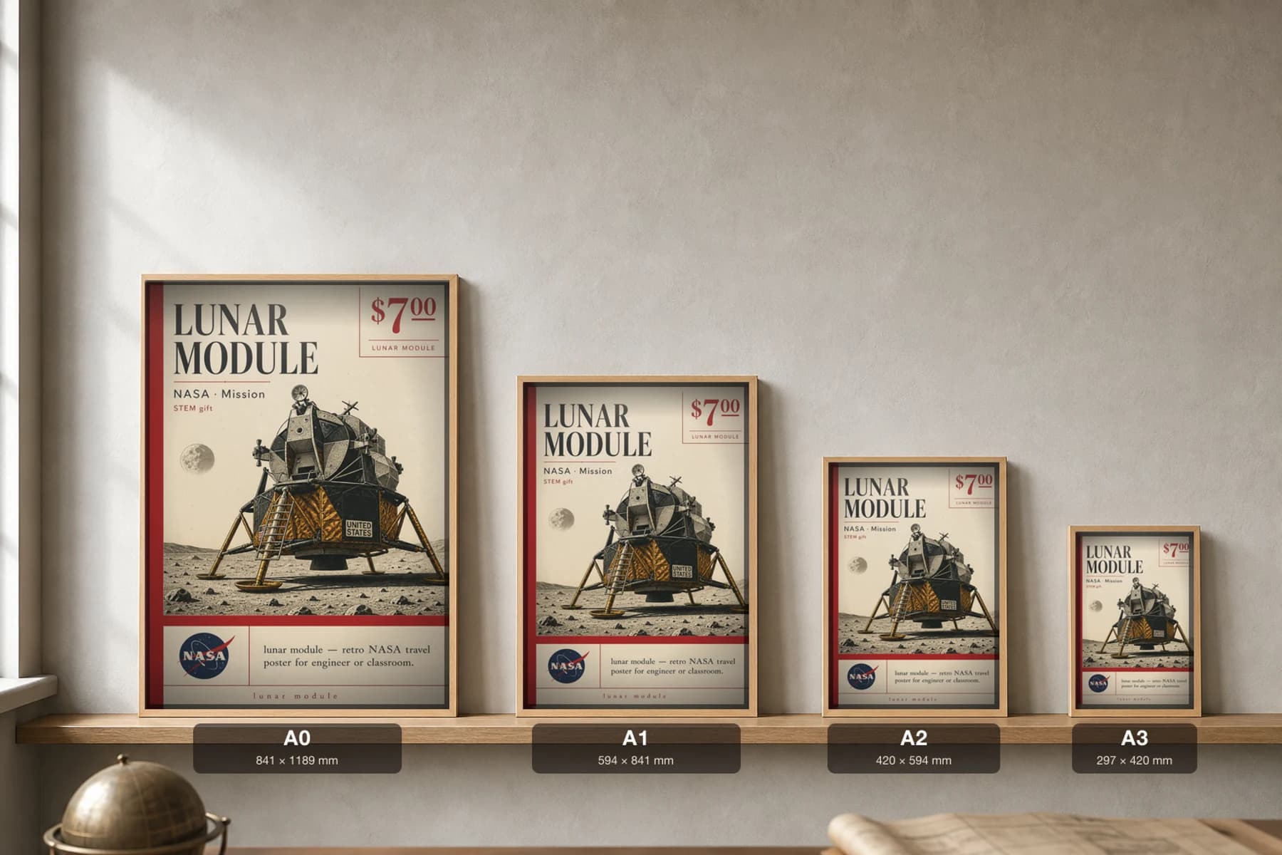 LUNAR MODULE Poster — 1970 LUNAR MODULE spacecraft NASA Missions Commemorative Sheet — print size guide showing the artwork at A0, A1, A2 and A3 in natural-oak frames at true relative scale