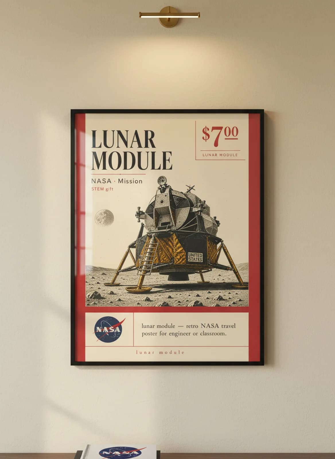 LUNAR MODULE — NASA Missions poster in black A2 frame on warm-cream-paper wall matching print paper — NASA Missions study mockup