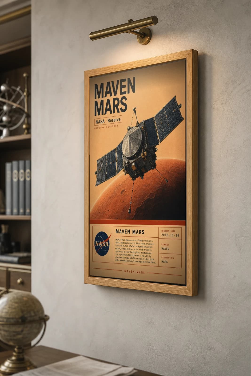 MAVEN MARS Poster — 1997 Mars mission spacecraft NASA Missions Commemorative Sheet — the framed print shown at a three-quarter angle on a styled gallery wall in a natural-oak frame