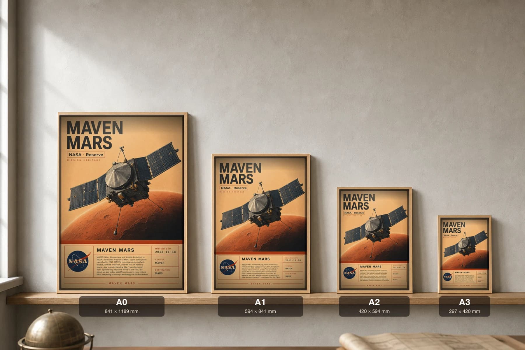 MAVEN MARS Poster — 1997 Mars mission spacecraft NASA Missions Commemorative Sheet — print size guide showing the artwork at A0, A1, A2 and A3 in natural-oak frames at true relative scale