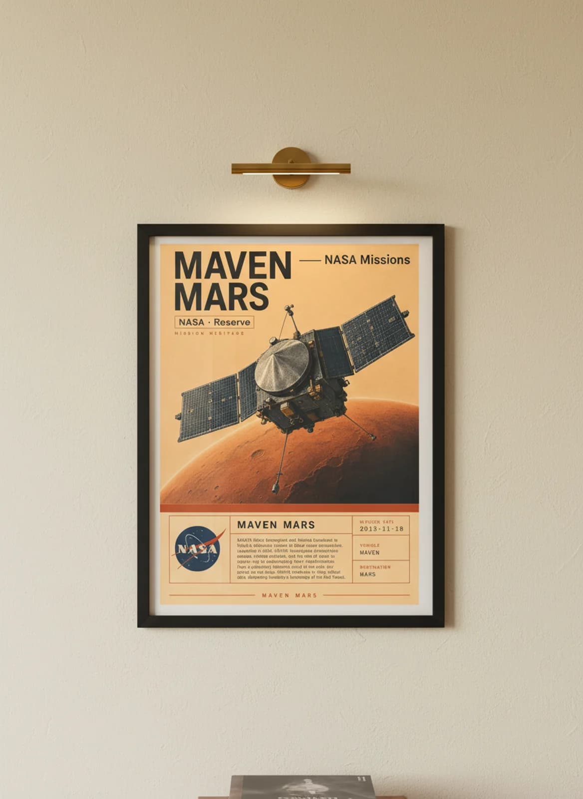 MAVEN MARS — NASA Missions poster in black A2 frame on warm-cream-paper wall matching print paper — NASA Missions study mockup