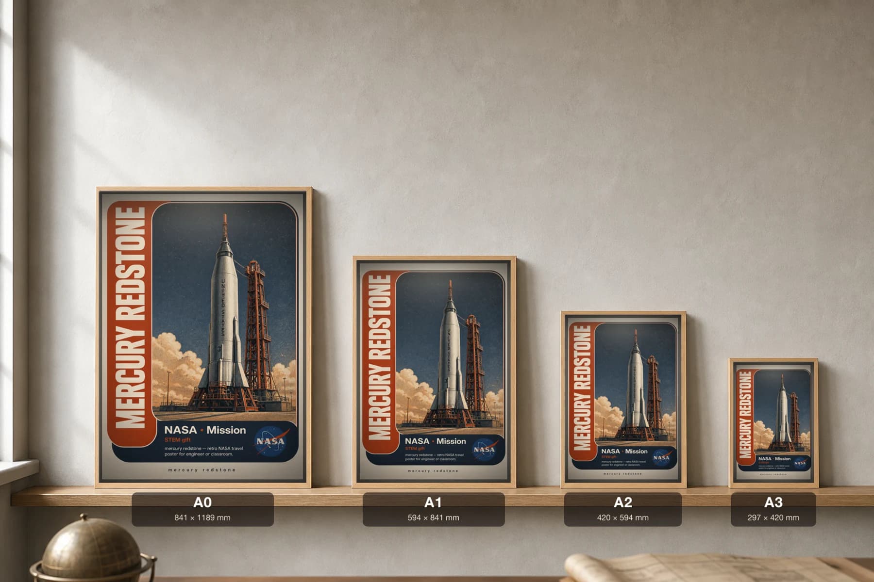 MERCURY REDSTONE Poster — 1970 MERCURY REDSTONE spacecraft NASA Missions Commemorative Sheet — print size guide showing the artwork at A0, A1, A2 and A3 in natural-oak frames at true relative scale
