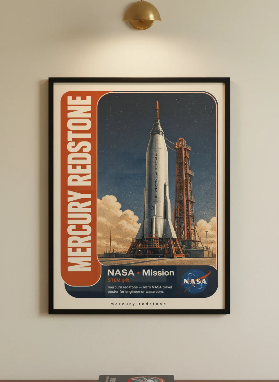 MERCURY REDSTONE — NASA Missions poster in black A2 frame on warm-cream-paper wall matching print paper — NASA Missions study mockup