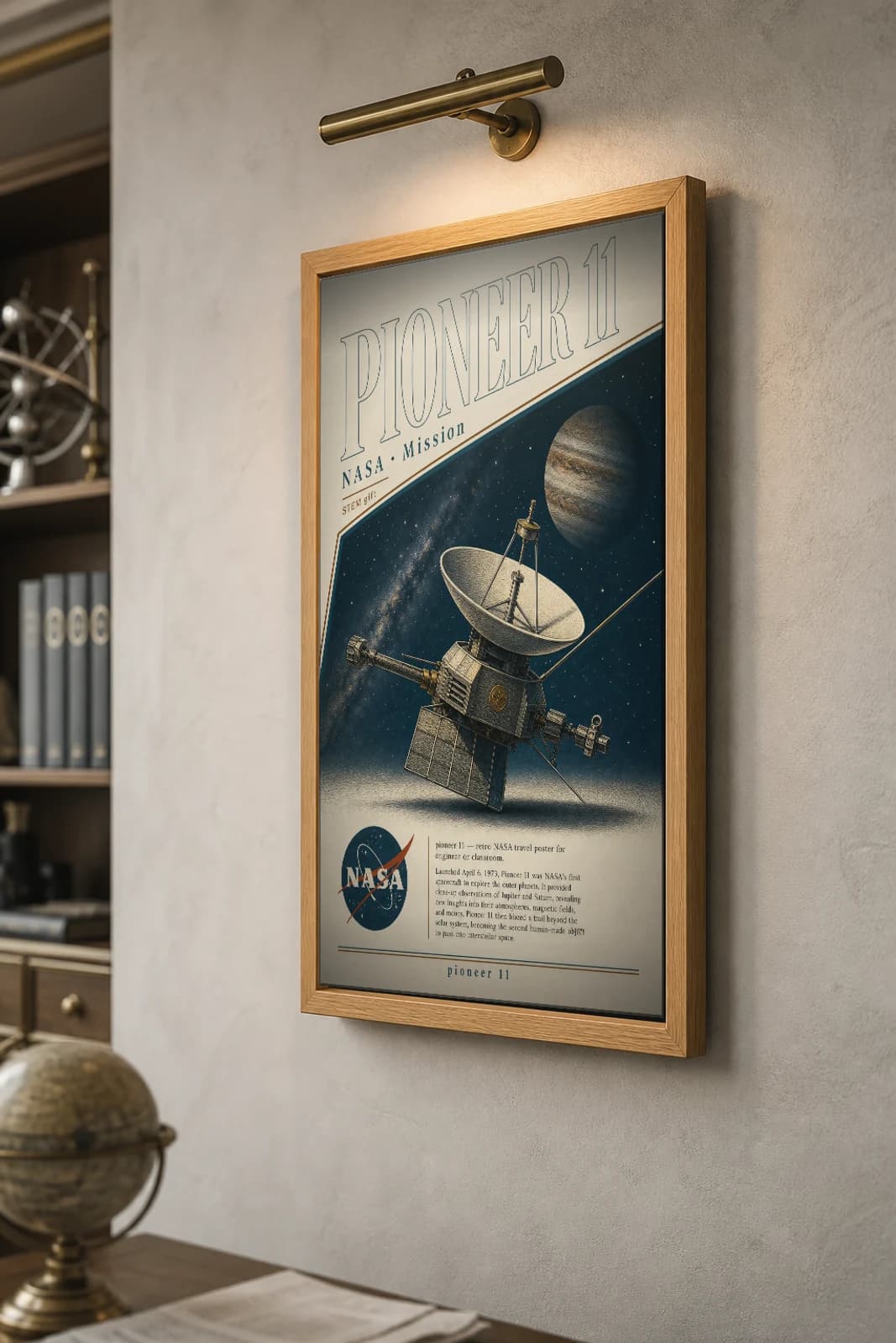 PIONEER 11 Poster — 1970 PIONEER 11 spacecraft NASA Missions Commemorative Sheet — the framed print shown at a three-quarter angle on a styled gallery wall in a natural-oak frame
