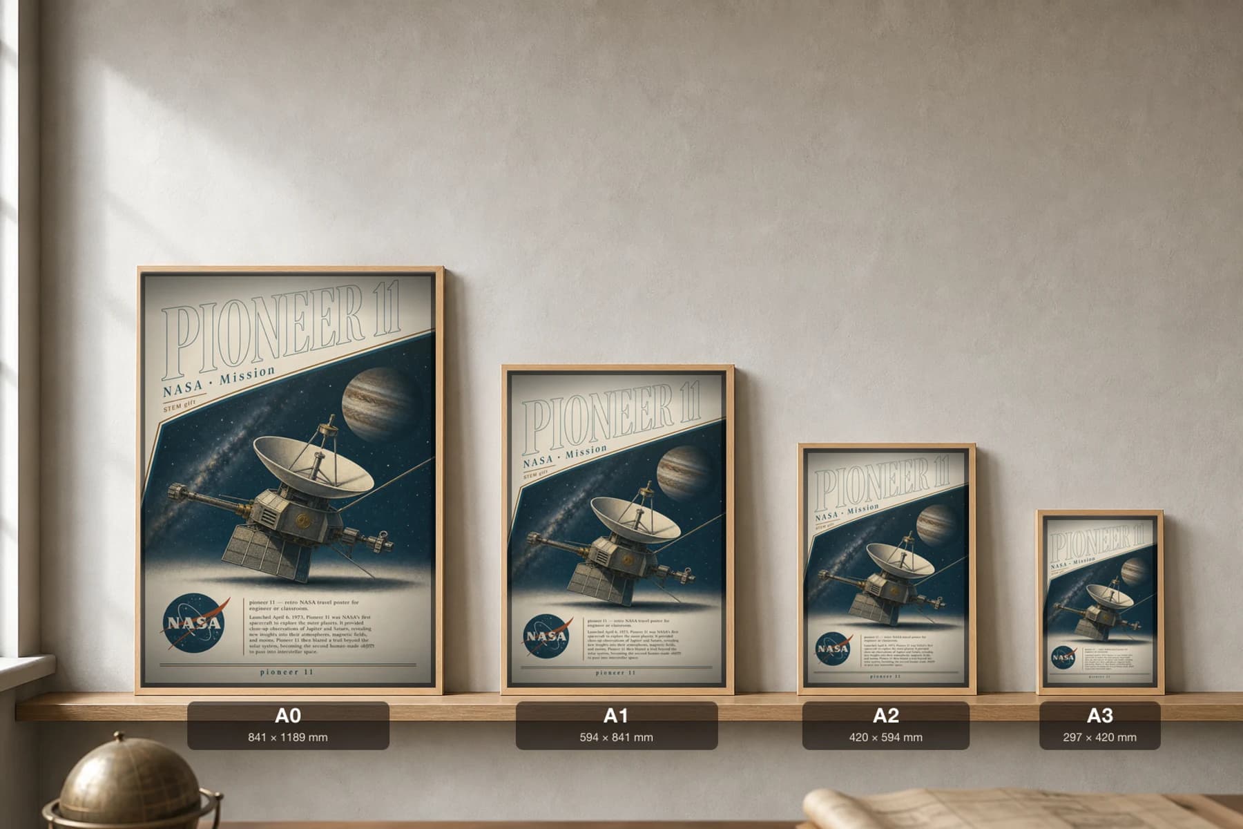 PIONEER 11 Poster — 1970 PIONEER 11 spacecraft NASA Missions Commemorative Sheet — print size guide showing the artwork at A0, A1, A2 and A3 in natural-oak frames at true relative scale