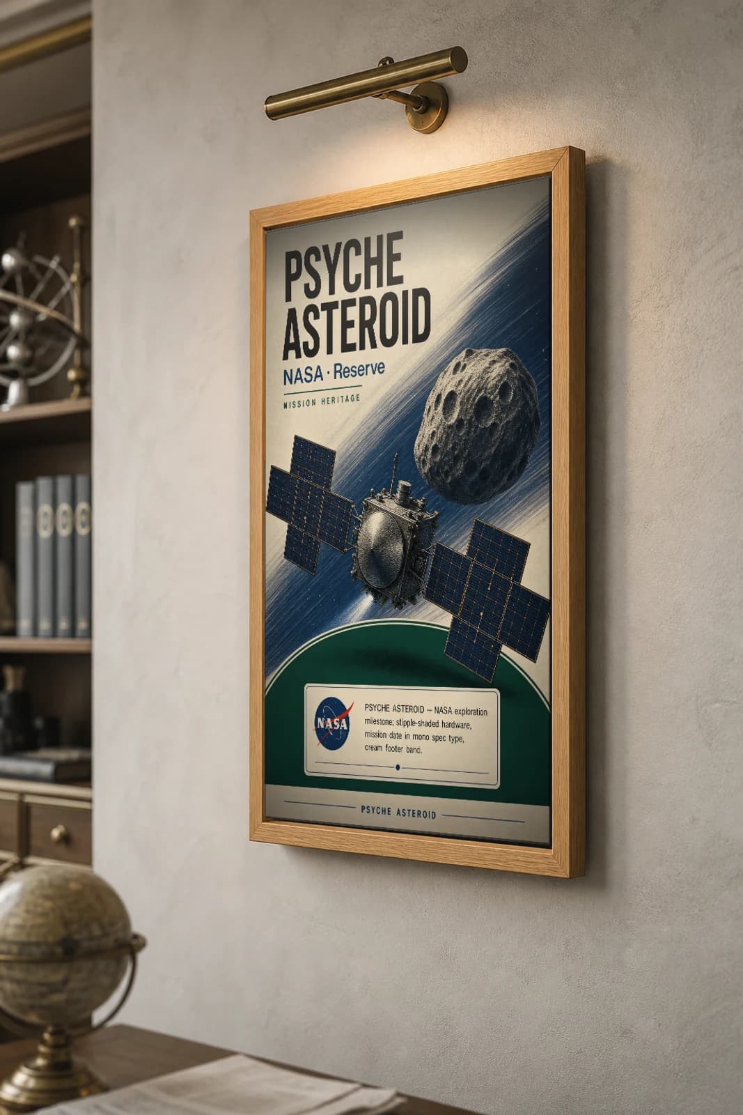 PSYCHE ASTEROID Poster — 1970 PSYCHE ASTEROID spacecraft NASA Missions Commemorative Sheet — the framed print shown at a three-quarter angle on a styled gallery wall in a natural-oak frame