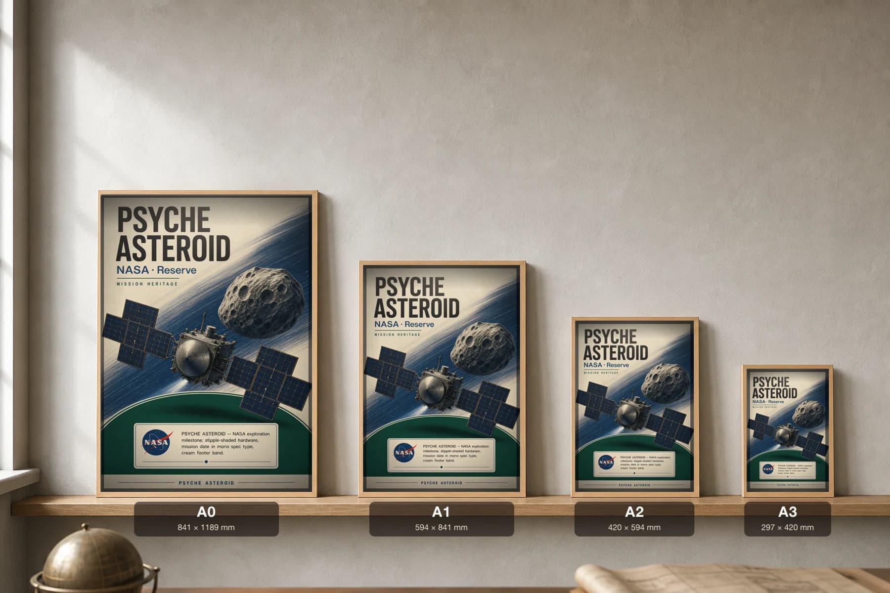 PSYCHE ASTEROID Poster — 1970 PSYCHE ASTEROID spacecraft NASA Missions Commemorative Sheet — print size guide showing the artwork at A0, A1, A2 and A3 in natural-oak frames at true relative scale