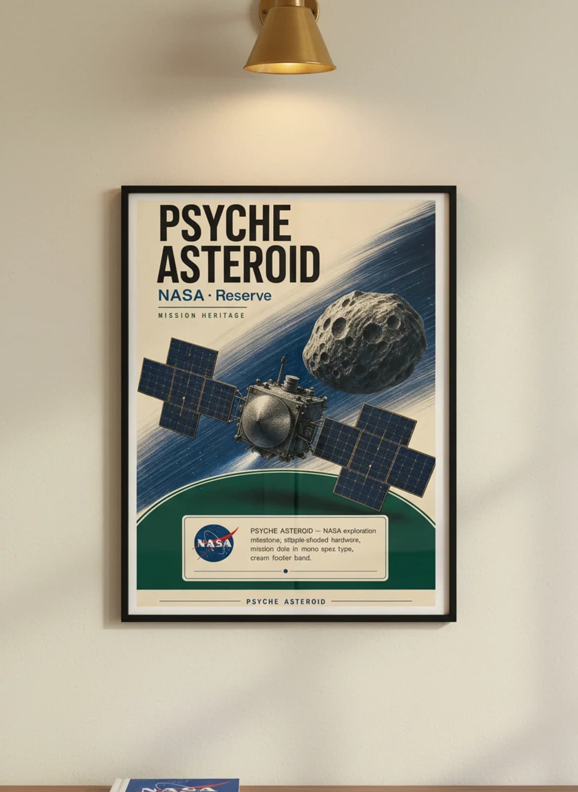 PSYCHE ASTEROID — NASA Missions poster in black A2 frame on warm-cream-paper wall matching print paper — NASA Missions study mockup