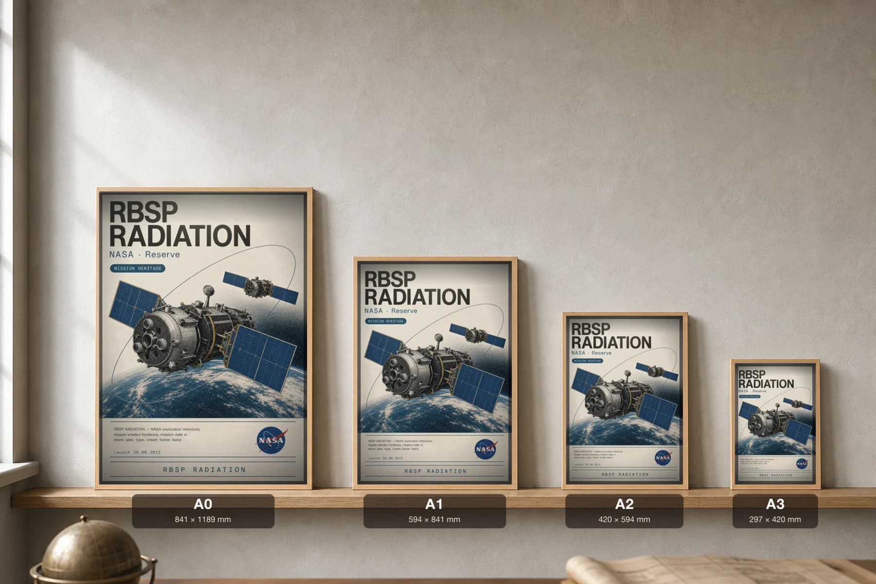RBSP RADIATION Poster — 1995 Solar / magnetosphere probe NASA Missions Commemorative Sheet — print size guide showing the artwork at A0, A1, A2 and A3 in natural-oak frames at true relative scale