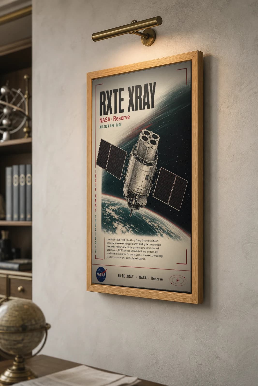 RXTE XRAY Poster — 2000 Space observatory NASA Missions Commemorative Sheet — the framed print shown at a three-quarter angle on a styled gallery wall in a natural-oak frame