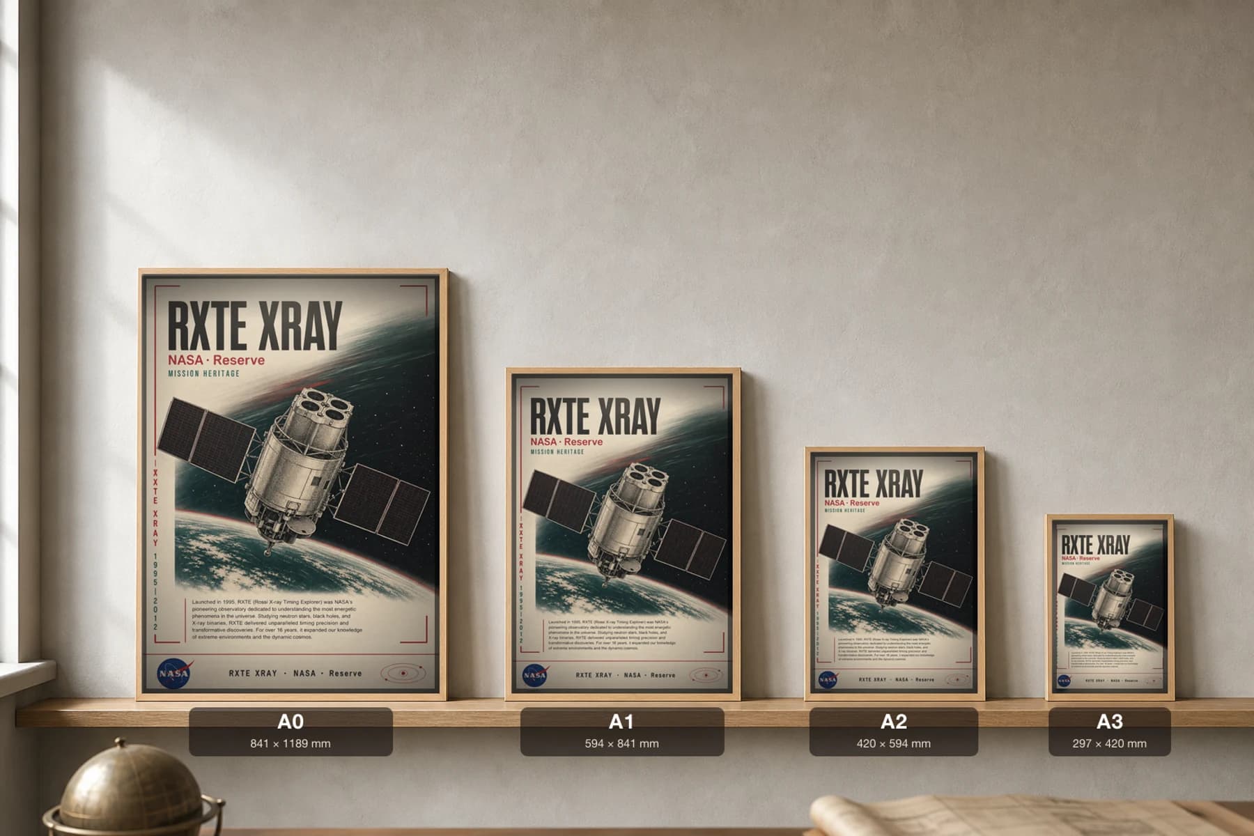 RXTE XRAY Poster — 2000 Space observatory NASA Missions Commemorative Sheet — print size guide showing the artwork at A0, A1, A2 and A3 in natural-oak frames at true relative scale