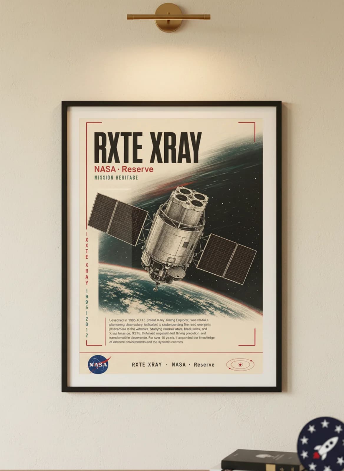 RXTE XRAY — NASA Missions poster in black A2 frame on warm-cream-paper wall matching print paper — NASA Missions study mockup