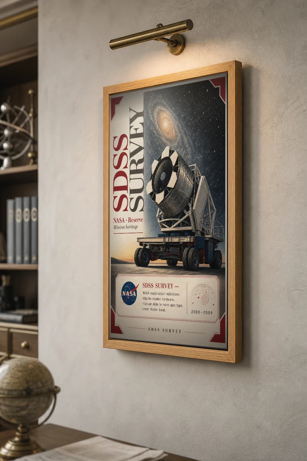 SDSS SURVEY Poster — 2000 Space observatory NASA Missions Commemorative Sheet — the framed print shown at a three-quarter angle on a styled gallery wall in a natural-oak frame
