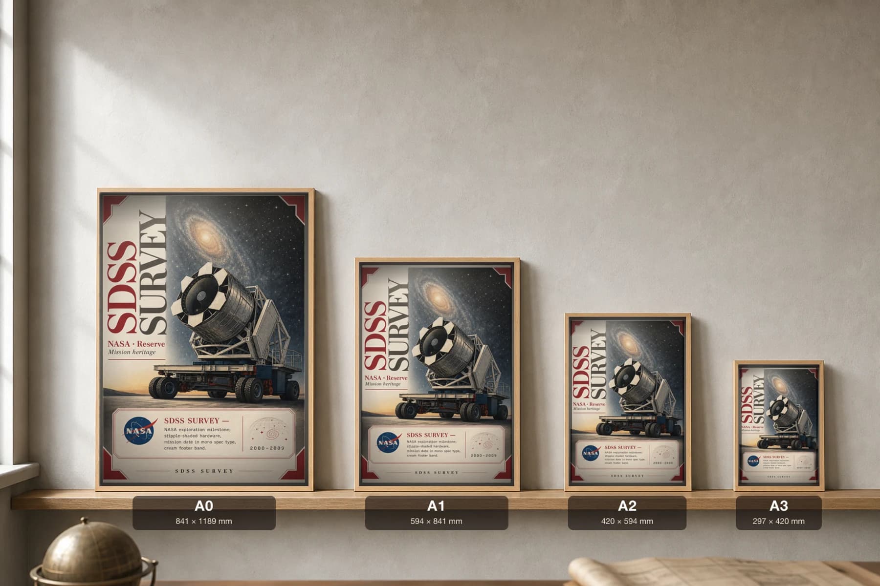 SDSS SURVEY Poster — 2000 Space observatory NASA Missions Commemorative Sheet — print size guide showing the artwork at A0, A1, A2 and A3 in natural-oak frames at true relative scale