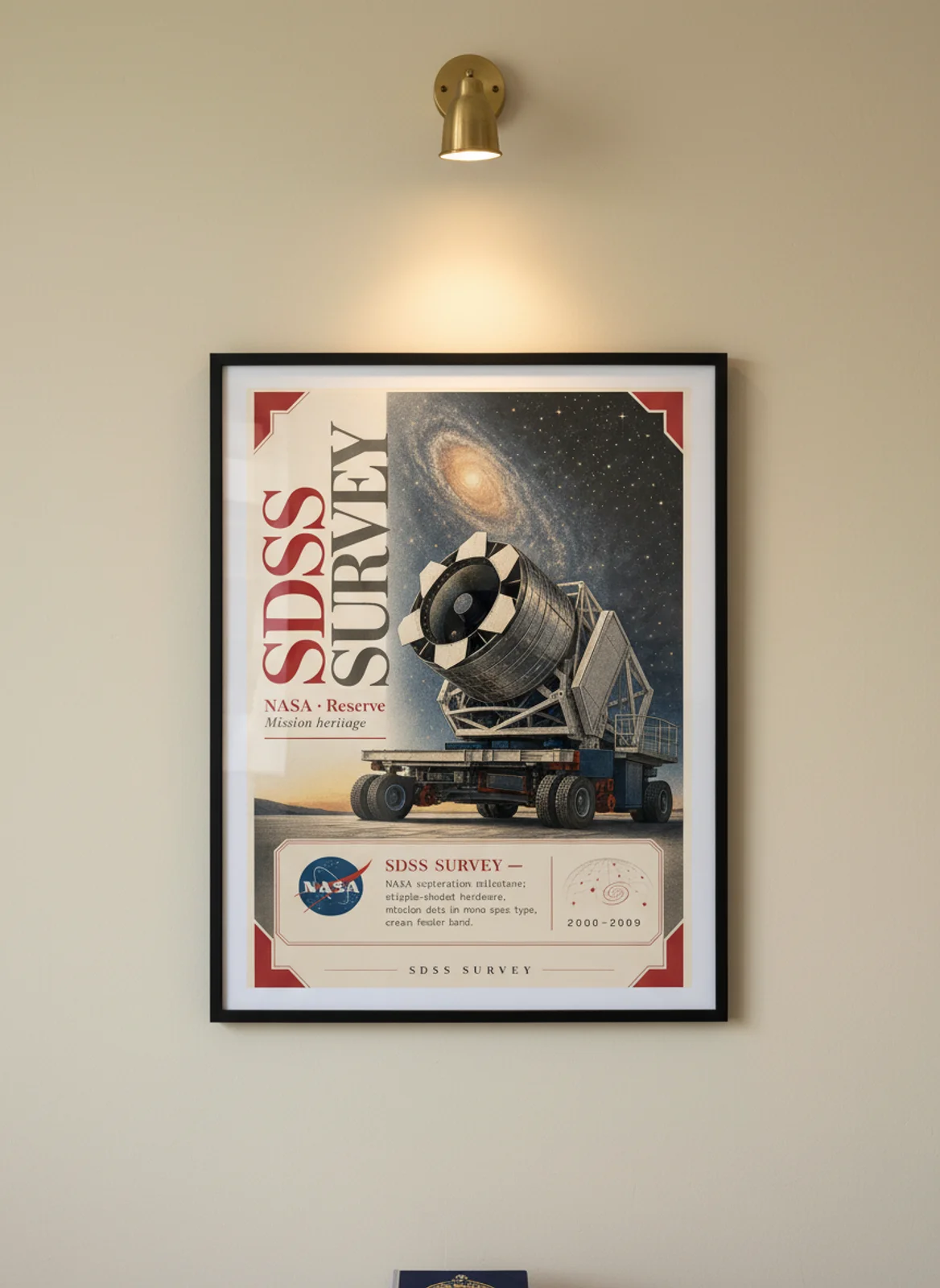 SDSS SURVEY — NASA Missions poster in black A2 frame on warm-cream-paper wall matching print paper — NASA Missions study mockup