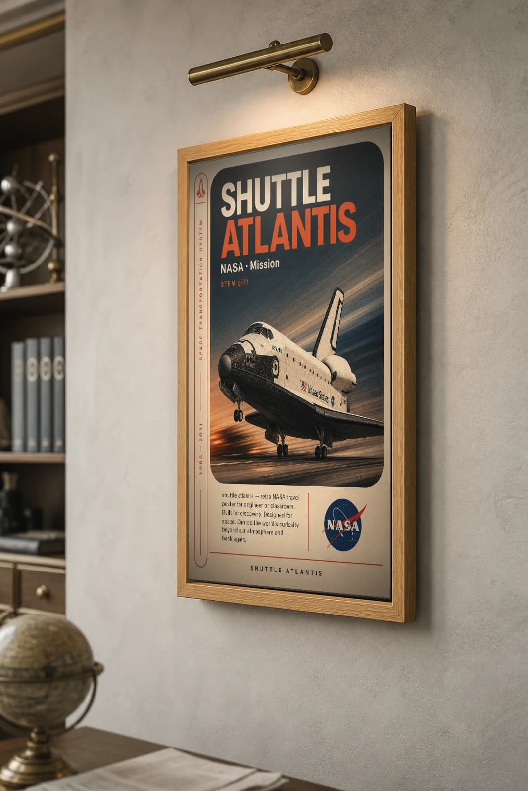 SHUTTLE ATLANTIS Poster — 1981 Space Shuttle orbiter NASA Missions Commemorative Sheet — the framed print shown at a three-quarter angle on a styled gallery wall in a natural-oak frame