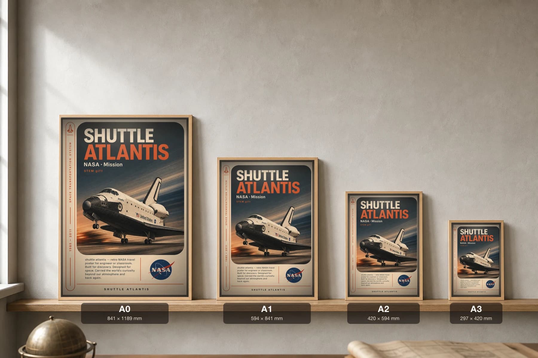 SHUTTLE ATLANTIS Poster — 1981 Space Shuttle orbiter NASA Missions Commemorative Sheet — print size guide showing the artwork at A0, A1, A2 and A3 in natural-oak frames at true relative scale