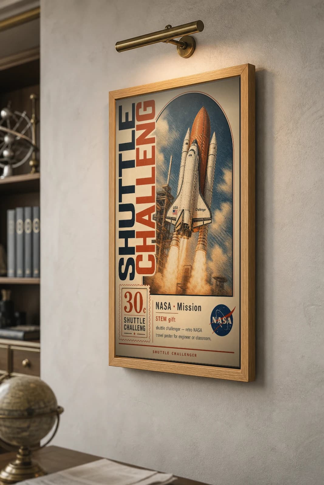 SHUTTLE CHALLENG Poster — 1981 Space Shuttle orbiter NASA Missions Commemorative Sheet — the framed print shown at a three-quarter angle on a styled gallery wall in a natural-oak frame