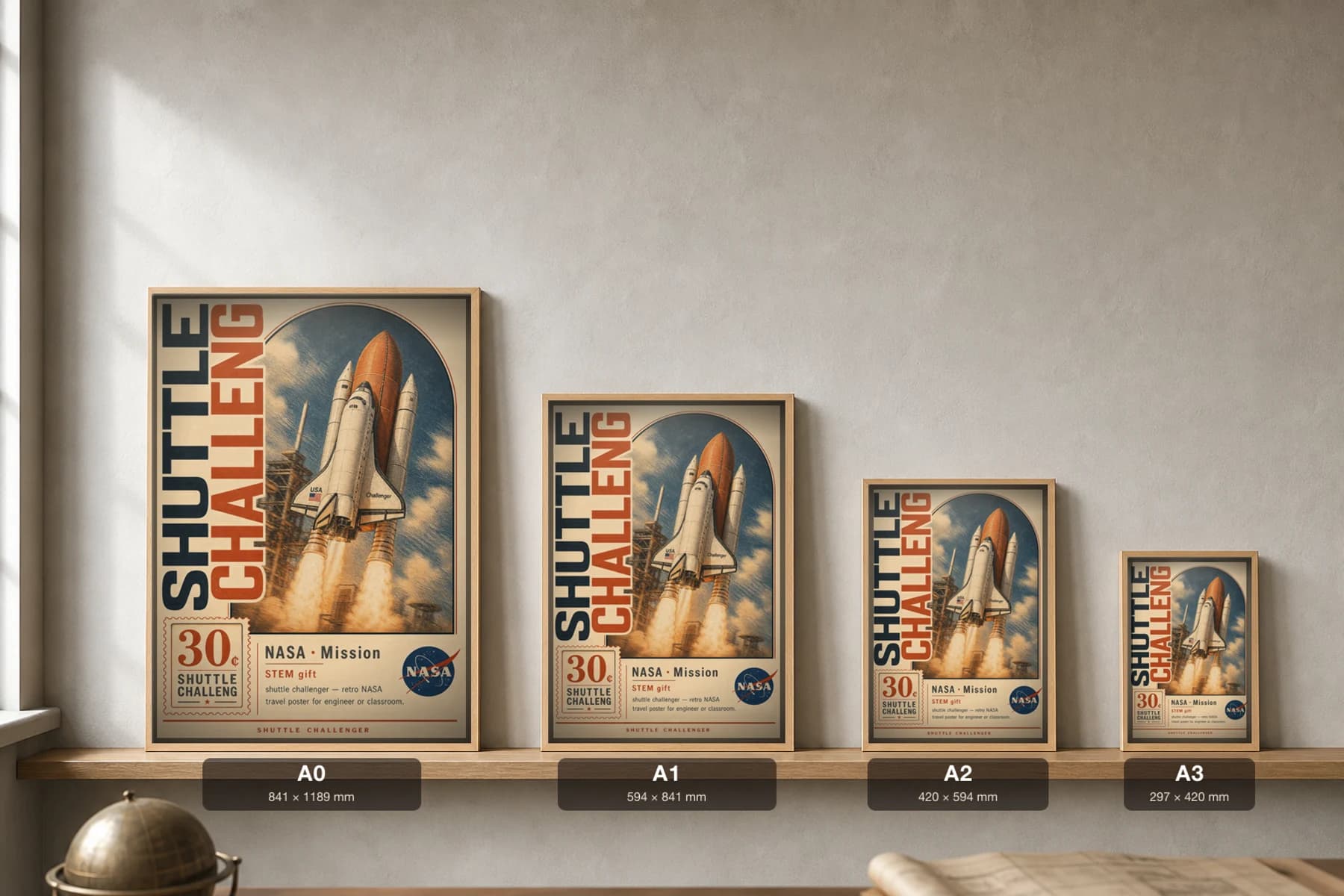 SHUTTLE CHALLENG Poster — 1981 Space Shuttle orbiter NASA Missions Commemorative Sheet — print size guide showing the artwork at A0, A1, A2 and A3 in natural-oak frames at true relative scale