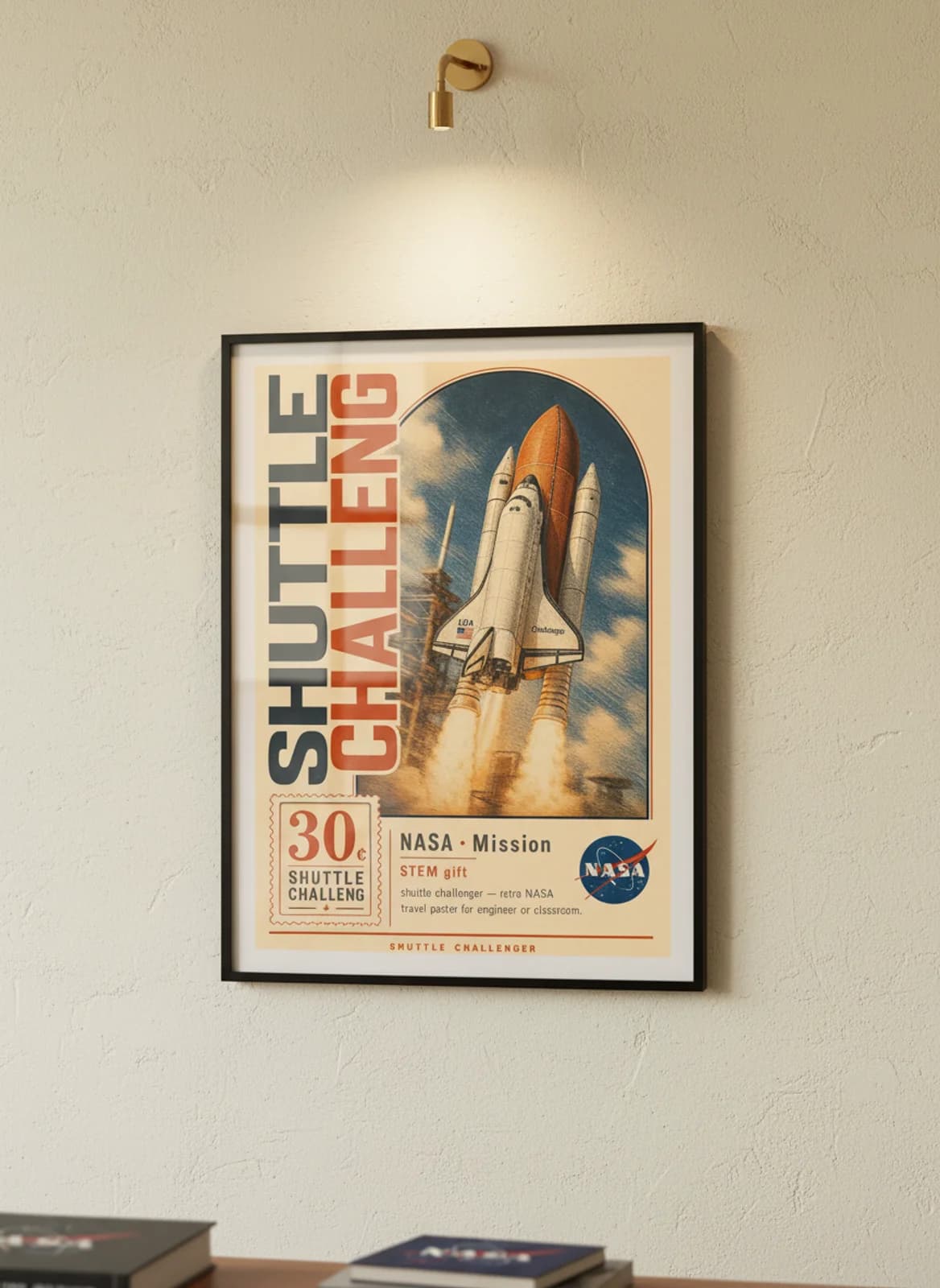 SHUTTLE CHALLENG — NASA Missions poster in black A2 frame on warm-cream-paper wall matching print paper — NASA Missions study mockup