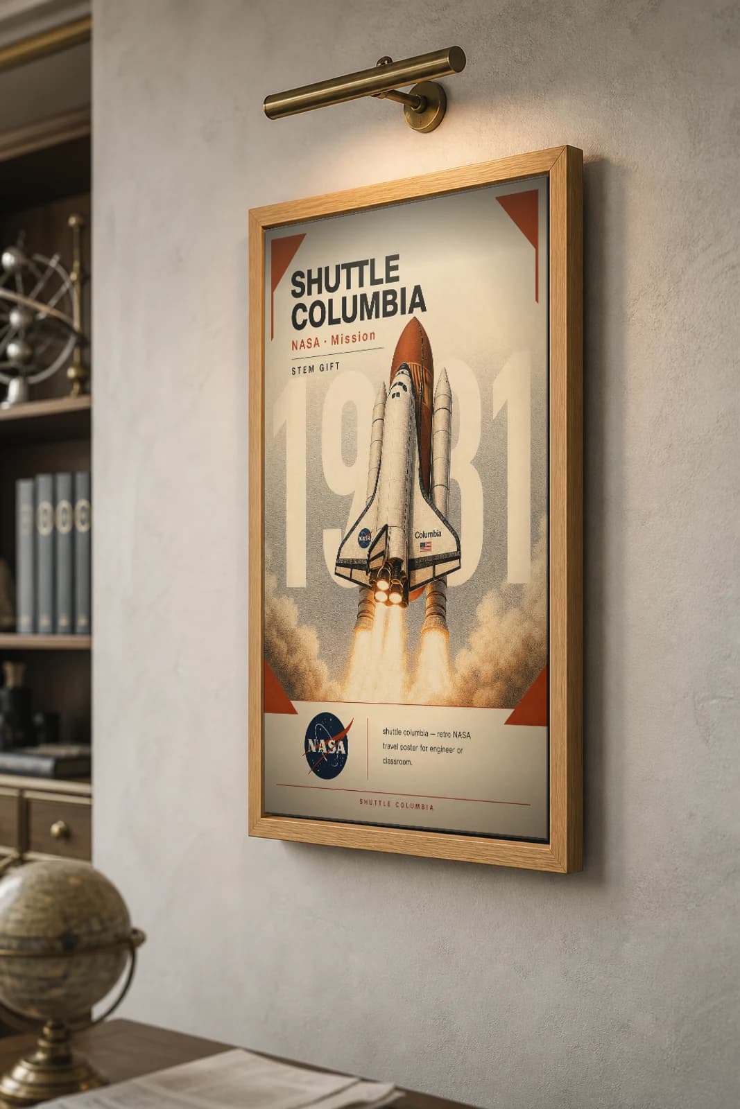 SHUTTLE COLUMBIA Poster — 1981 Space Shuttle orbiter NASA Missions Commemorative Sheet — the framed print shown at a three-quarter angle on a styled gallery wall in a natural-oak frame