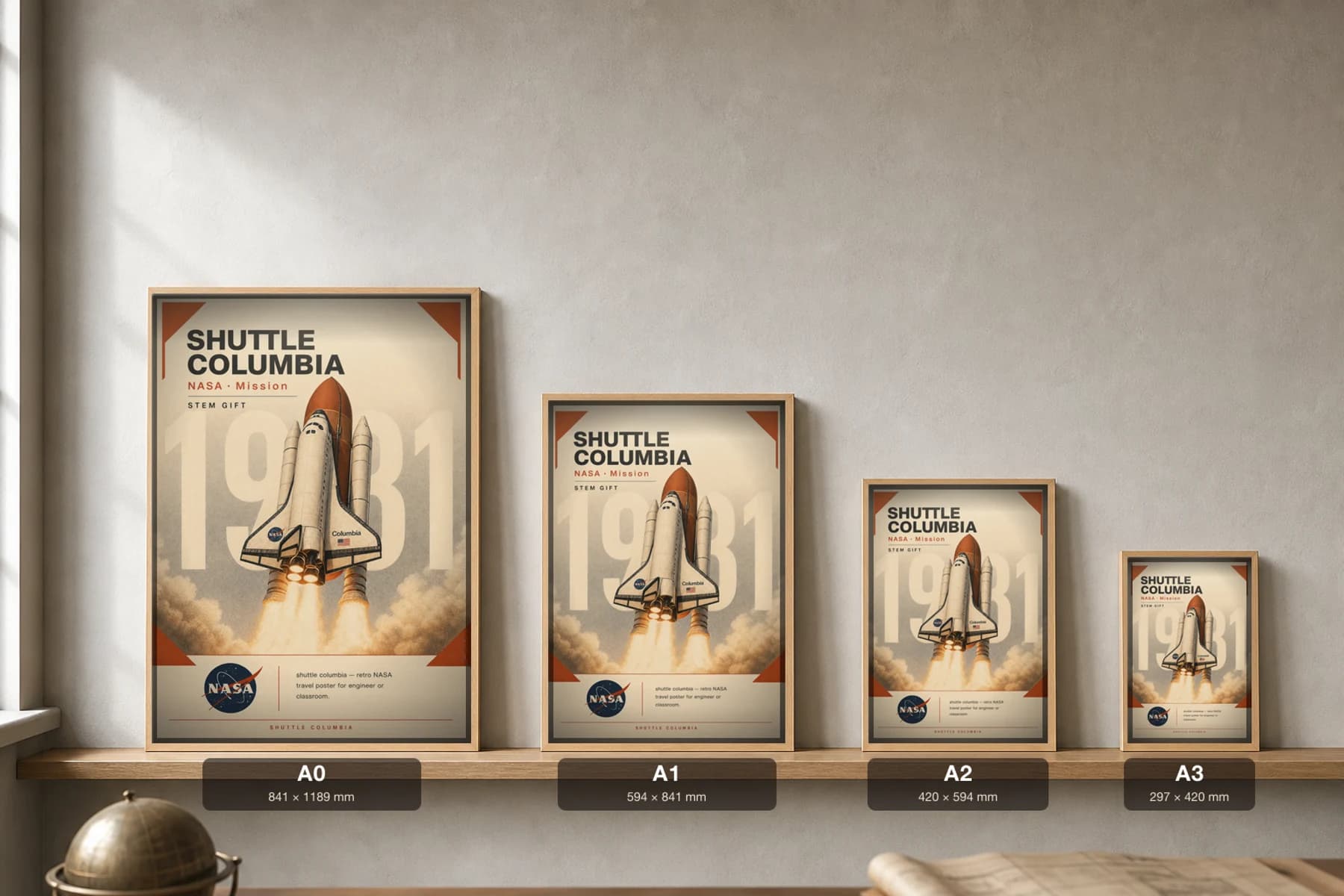 SHUTTLE COLUMBIA Poster — 1981 Space Shuttle orbiter NASA Missions Commemorative Sheet — print size guide showing the artwork at A0, A1, A2 and A3 in natural-oak frames at true relative scale