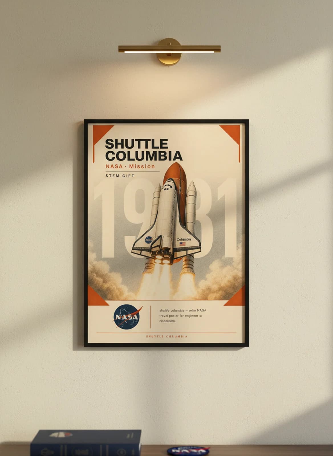 SHUTTLE COLUMBIA — NASA Missions poster in black A2 frame on warm-cream-paper wall matching print paper — NASA Missions study mockup