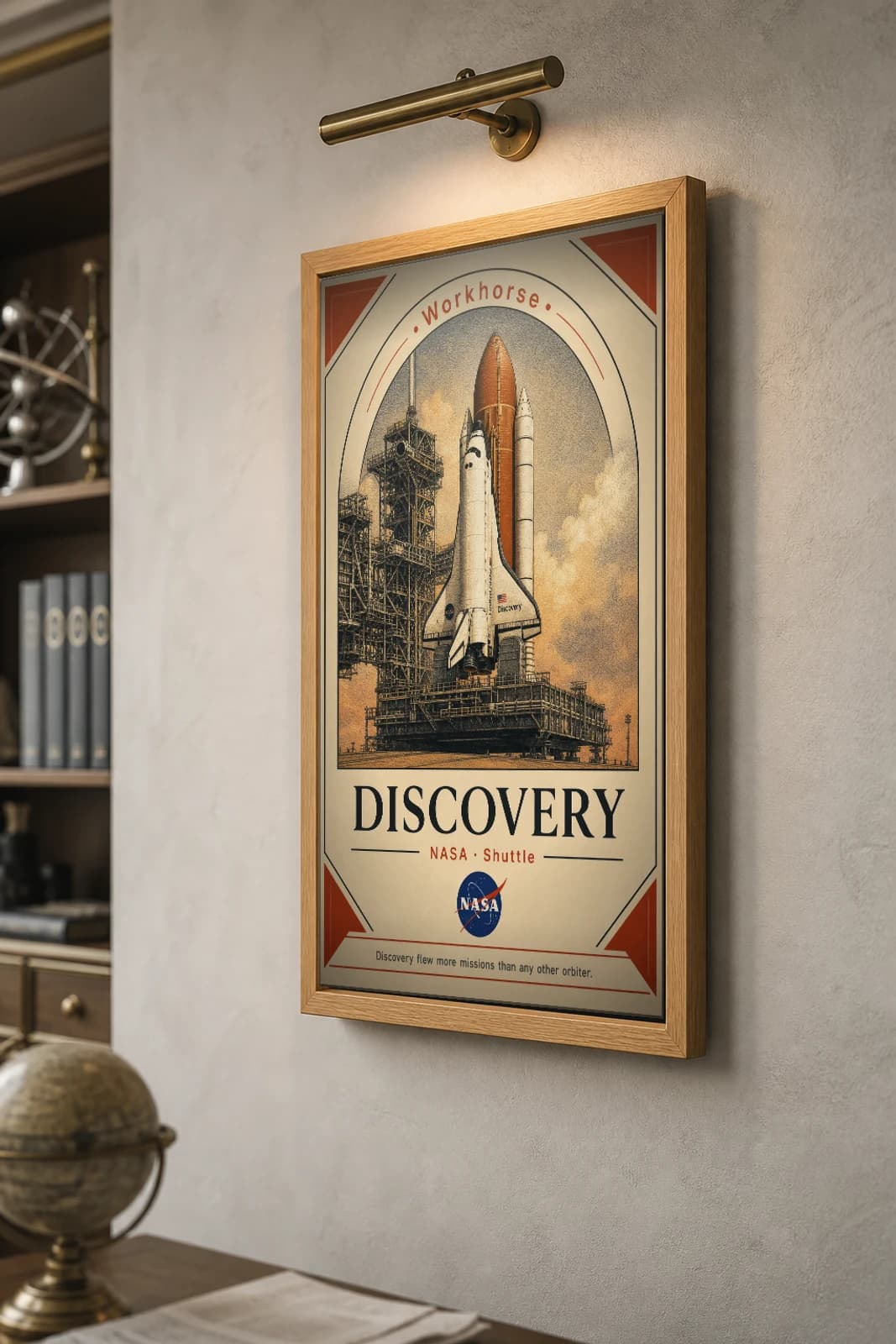 DISCOVERY Poster — 1984 OV-103 Discovery NASA Missions Commemorative Sheet — the framed print shown at a three-quarter angle on a styled gallery wall in a natural-oak frame