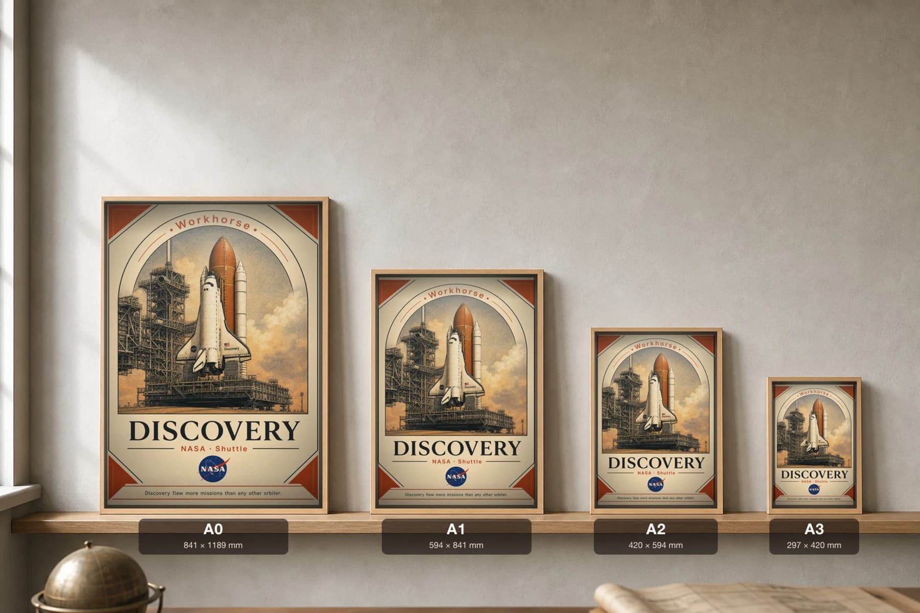 DISCOVERY Poster — 1984 OV-103 Discovery NASA Missions Commemorative Sheet — print size guide showing the artwork at A0, A1, A2 and A3 in natural-oak frames at true relative scale