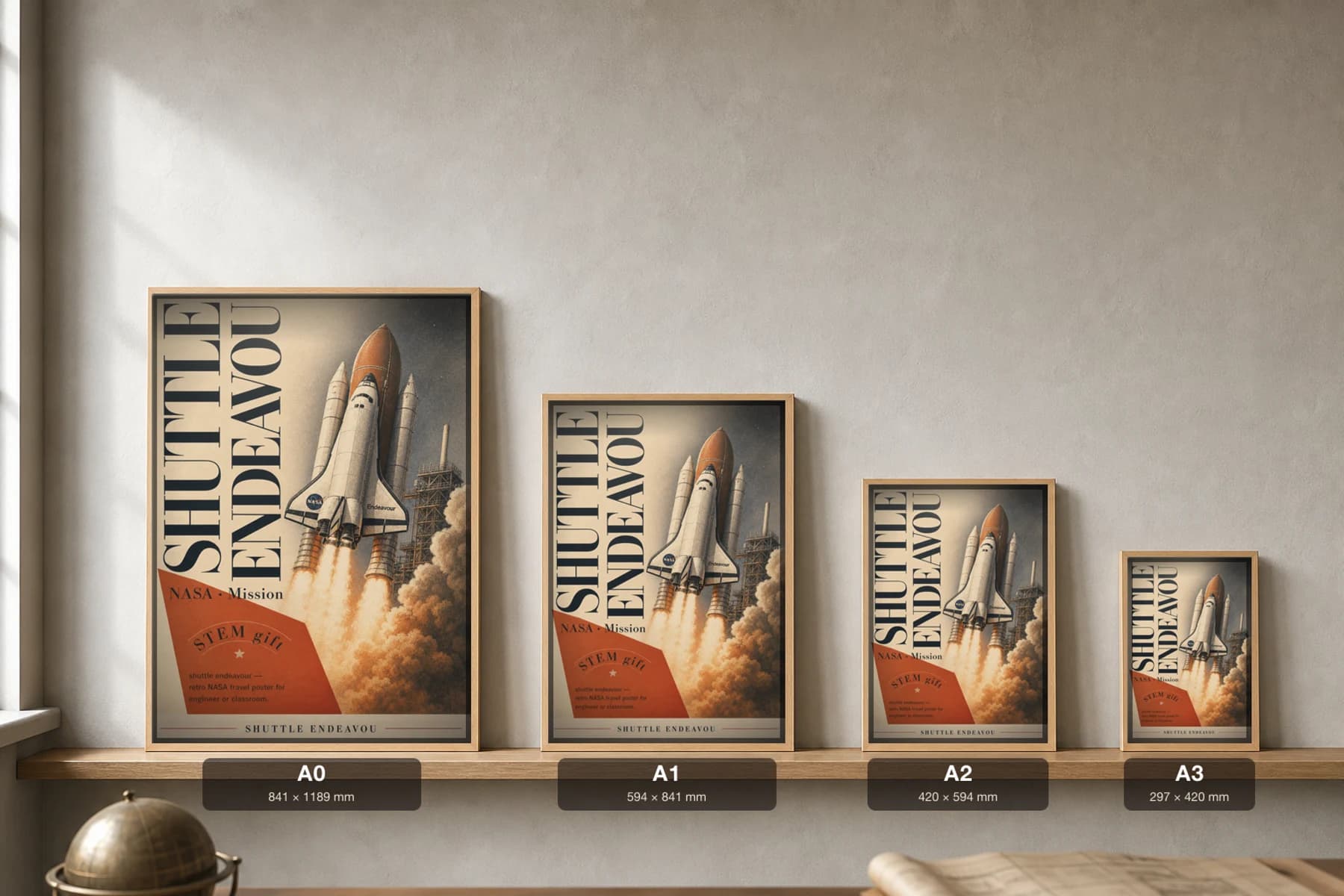 SHUTTLE ENDEAVOU Poster — 1981 Space Shuttle orbiter NASA Missions Commemorative Sheet — print size guide showing the artwork at A0, A1, A2 and A3 in natural-oak frames at true relative scale